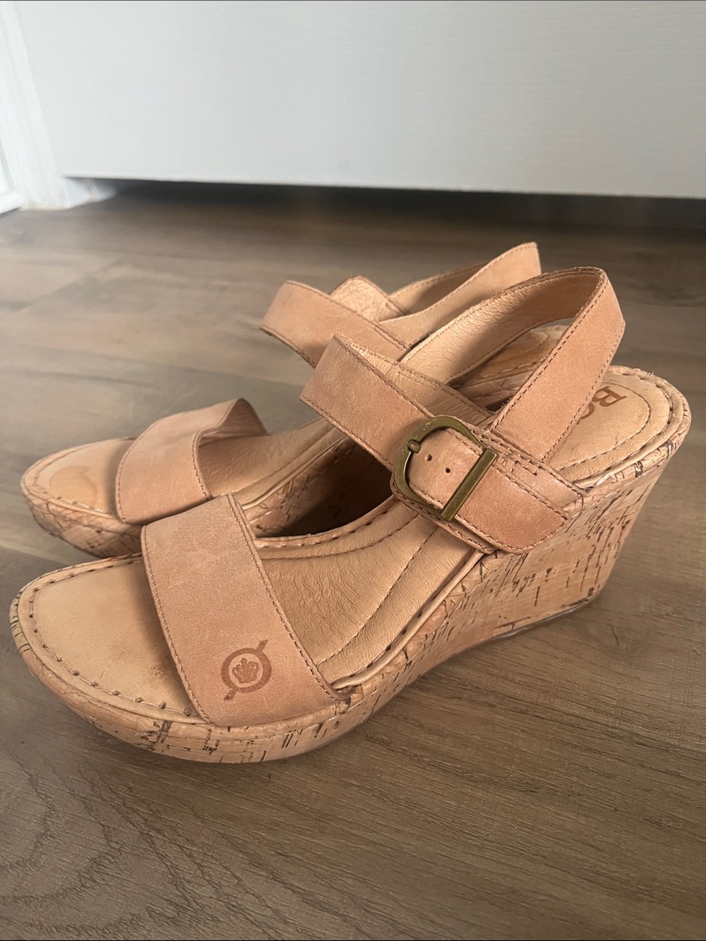 Born Tan Leather and Cork Wedge Sandals with Buckle Sustainable Eco Comfy Chic